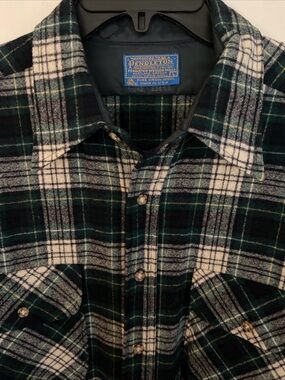 Pendleton Forest Green, Black & White Plaid Wool Button-Down